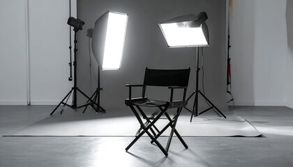 Well-equipped professional photography studio features a solitary director's chair centered on a seamless grey backdrop, brightly lit by two softbox lights, ready for a creative shoot.
