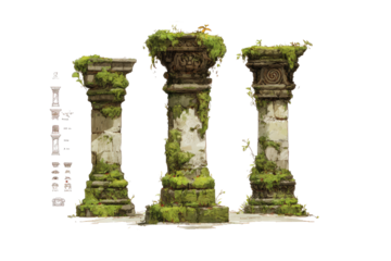 Three weathered stone columns overgrown with moss and flora