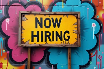 Modern and Vibrant Street Art Mural with Traditional Now Hiring Signboard.