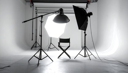 Modern professional photography studio with an empty director's chair at the center of a white cyclorama background.