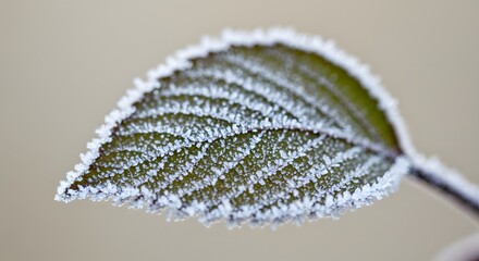 Macro shot of a single leaf’s vein structure coated with frost or light snow, isolated on a cream-toned background.