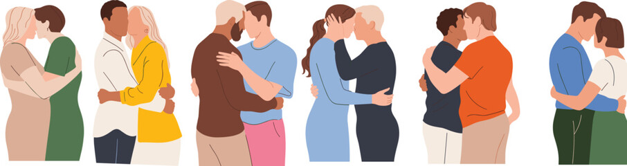 Diverse couples hugging and showing affection, flat vector illustration of romantic relationships