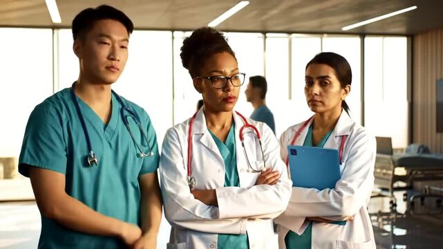 A diverse team of three healthcare professionals with serious expressions standing together in a modern hospital corridor.