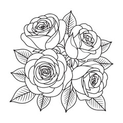 A beautifully crafted illustration of four blooming roses in black and white, showcasing intricate detail, perfect for floral art and design lovers.