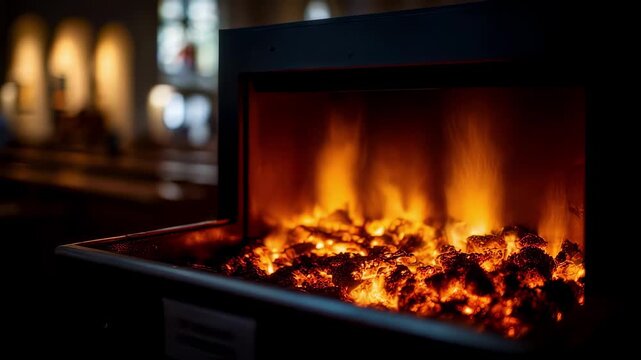 Medium shot focusing on a sleek carbonneutral cremation chamber using biomass fuel with warm flames gently glowing surrounded by a dimly lit chapel blurred in the backdrop.
