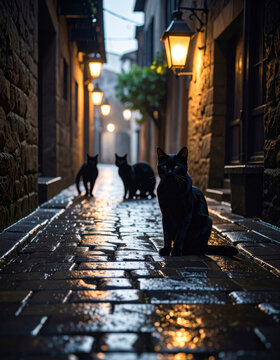 Gato negro caminando por una calle adoquinada iluminada tenuemente con faroles en un entorno enigm&aacute;tico y nocturno