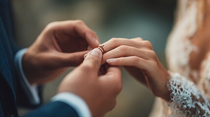 Groom gently places a wedding ring on bride's finger, close up, lace dress detail