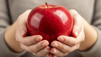 Close-up of a woman's hands holding a single, vibrant, and perfectly red apple, symbolizing health, fresh food, and wholesome nutrition.

 - Powered by Adobe