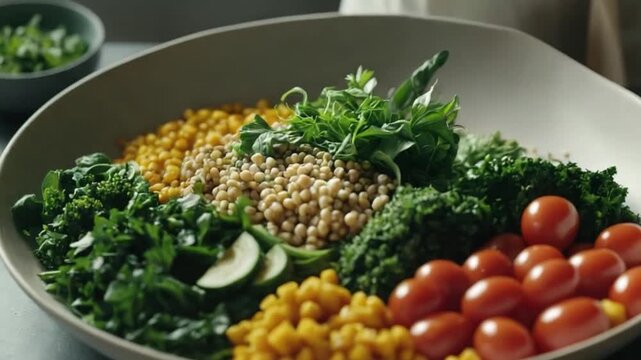 Closeup of a person adding fresh herbs to a vibrant salad bowl filled with various colorful vegetables and grains for a healthy and nutritious meal