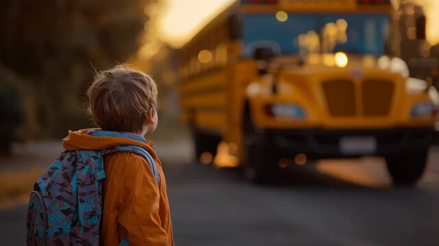 Little boy with backpack waiting for school bus in warm morning light, concept of childhood, education and daily school routine.