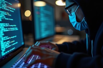 Intense Close-Up Shot of Skilled Hacker Typing on Keyboard with Reflecting Code in Glasses