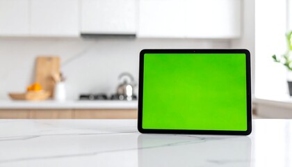 A digital tablet with a bright green chroma key screen mockup standing on a white marble kitchen counter with a blurred background.
