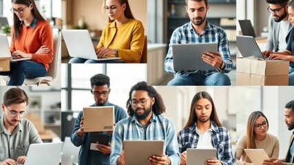 Diverse group of business people working together in a modern office, using laptops and tablets for communication and collaboration on various projects - Powered by Adobe
