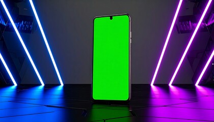 A smartphone with a green screen stands upright in a futuristic dark studio with glowing blue and purple neon lights.