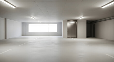 Fototapeta premium Private parking place interior Residential garage indoor with lift Nobody