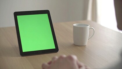 Tablet with Green Screen and Coffee Mug on a Wooden Table, Simple Home Office Setup with a Tablet, Coffee, and Minimal Distractions