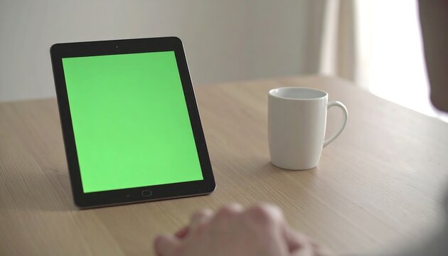 Tablet with Green Screen and Coffee Mug on a Wooden Table, Simple Home Office Setup with a Tablet, Coffee, and Minimal Distractions - Powered by Adobe