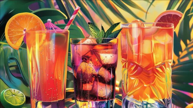 Colorful fruity drinks served in glasses with slices of fruit and ice.