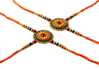 Two beautifully decorated rakhi bracelets with intricate beadwork and vibrant threads isolated on transparent background