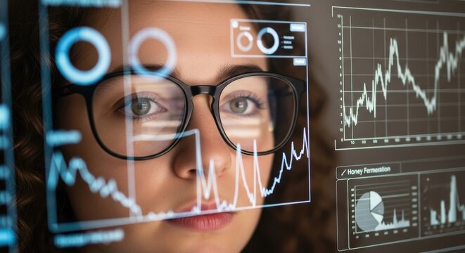 Young caucasian female analyzing advanced data visualizations with graphs