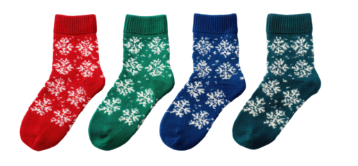 Four pairs of Christmas socks featuring snowflake patterns in red, green, blue, and teal