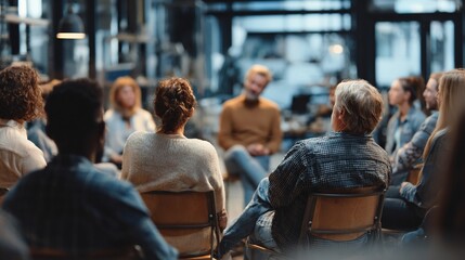 Group therapy session with people in circle, listening, sharing stories, and supporting each other