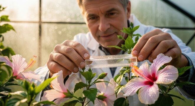 Mature caucasian male scientist examines hibiscus flower with magnifying glass in greenhouse
