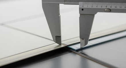 Precision measurement of thin glass panel with vernier caliper on reflective surface