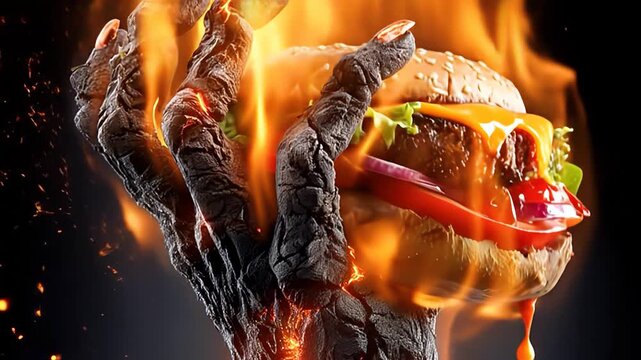 Closeup Charred fire monster hand with burger that burns and falls