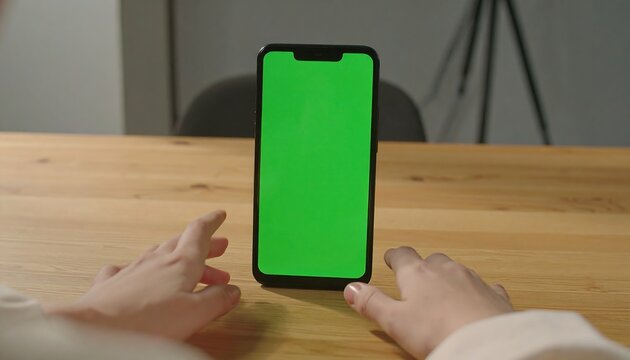 Hands Preparing to Interact with a Green Screen Smartphone on a Wooden Table, Close-Up of a Woman Using a Green Screen Mobile Phone