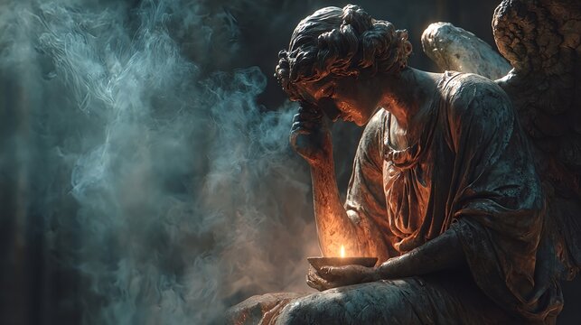 Symbolic illustration of an angel statue holding a lit candle in its hands, surrounded by atmospheric light and mist in a cemetery. A spiritual All Saints Day themed image, full of reflection, remembr