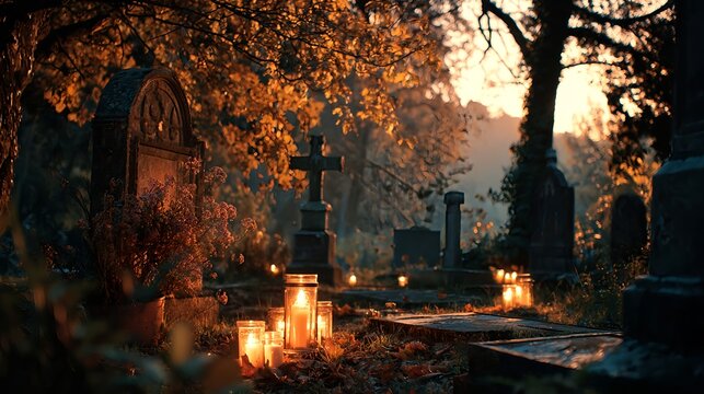 Peaceful cemetery alley at sunset surrounded by autumn trees and illuminated by burning candles and lanterns. Symbolic tribute and remembrance during All Saints Day.