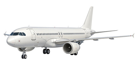 Fototapeta premium White Airplane 3D Render, Isolated on Transparent Background, Airliner Design, Aviation, Travel, Aircraft, Transportation, Jet
