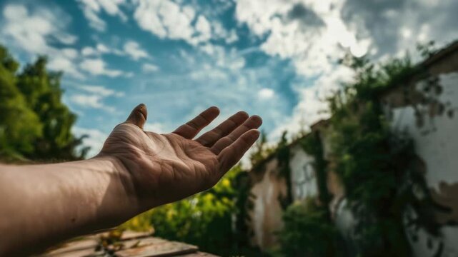 Hands uplifted to the sky, reaching for a deeper connection to nature and the universe. A symbol of hope, faith, and spiritual exploration.