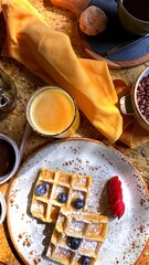 Crispy golden waffles topped with fresh blueberries, dusted with powdered sugar, surrounded by morning breakfast items like orange juice, coffee, and chocolate spread