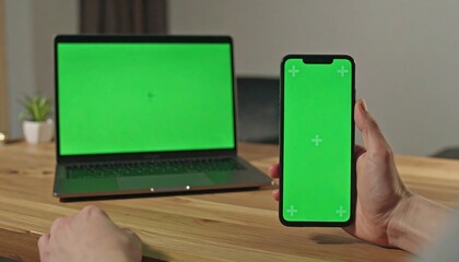 Person holding a smartphone with a green screen in front of a laptop, Chroma key technology concept for digital compositing and video editing, featuring a laptop and a phone