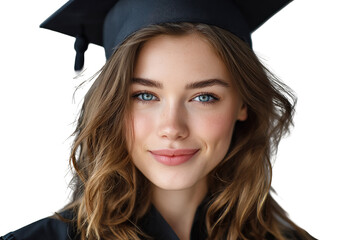 Portrait of a young woman with blue eyes wearing a graduation cap and gown smiling slightly at the camera on transparent background