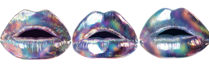 Three iridescent lips, glossy and colorful