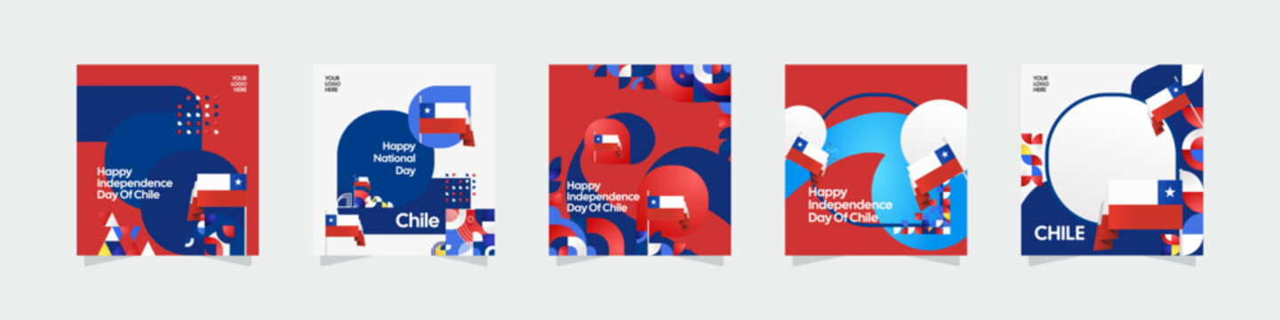 Happy Chile Independence Day. National Day Celebration template set, cover, and greeting cards with flag. Chile Independence Day cover background with creative geometric art