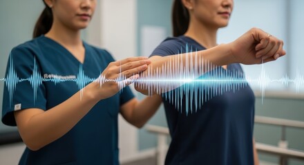 Asian female physical therapists conducting arm rehabilitation with sound wave visualization