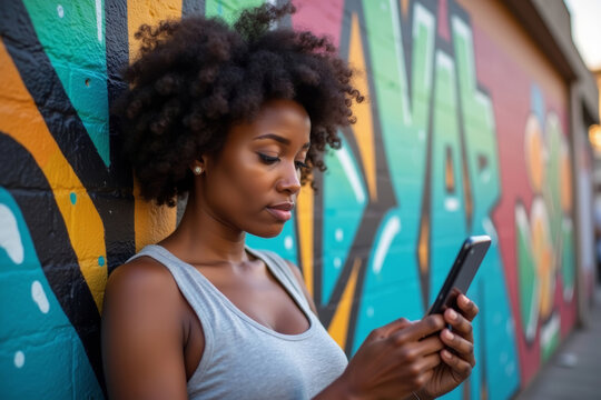 African American woman engages with security system on mobile phone in urban setting with colorful street art.