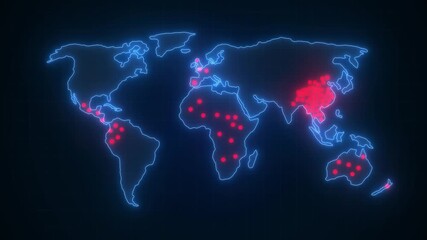 world map of the spread of coronavirus virus infection. Animated map of dark cyan color with red icons appearing. pandemic spread visualization, global health, COVID-19, medical alert - Powered by Adobe