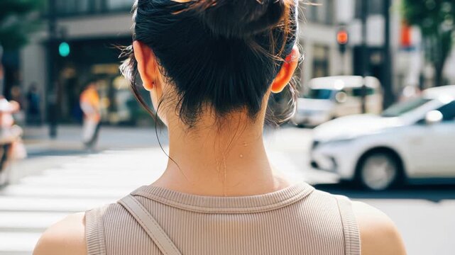 夏の街を歩くタンクトップ姿の女性の後ろ姿

