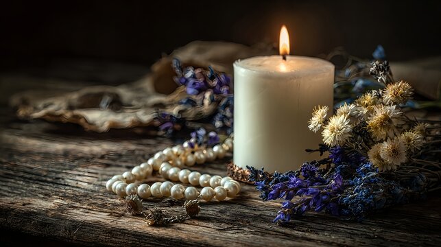 Still life composition with a burning candle, wooden rosary beads and dried flowers on a wooden table. A symbolic scene of prayer, reflection and remembrance, often associated with All Saints Day, fun