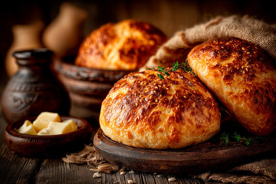 Freshly baked homemade bread with sesame seeds resting on wooden board - Powered by Adobe
