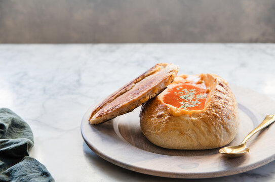 Tomato soup in a bread bowl 