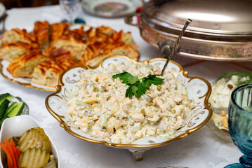 Traditional feast with olivier salad