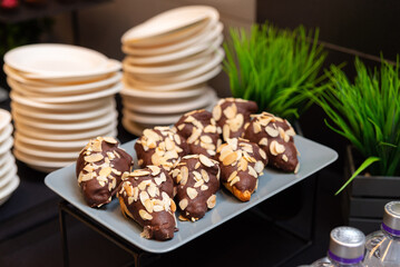 Chocolate almond pastries on display