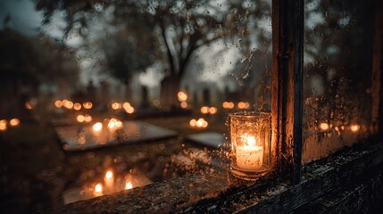 Naklejka premium Atmospheric illustration of glowing candles in glass jars placed on a wet window sill with blurred view of graves in the background. A symbolic All Saints Day themed composition representing remembran