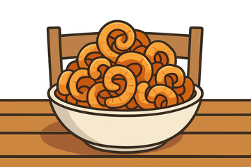A cartoon vector illustration of crispy pork rinds in a white bowl, ideal for promoting snacks, Asian street food, or savory food designs, set against a light background